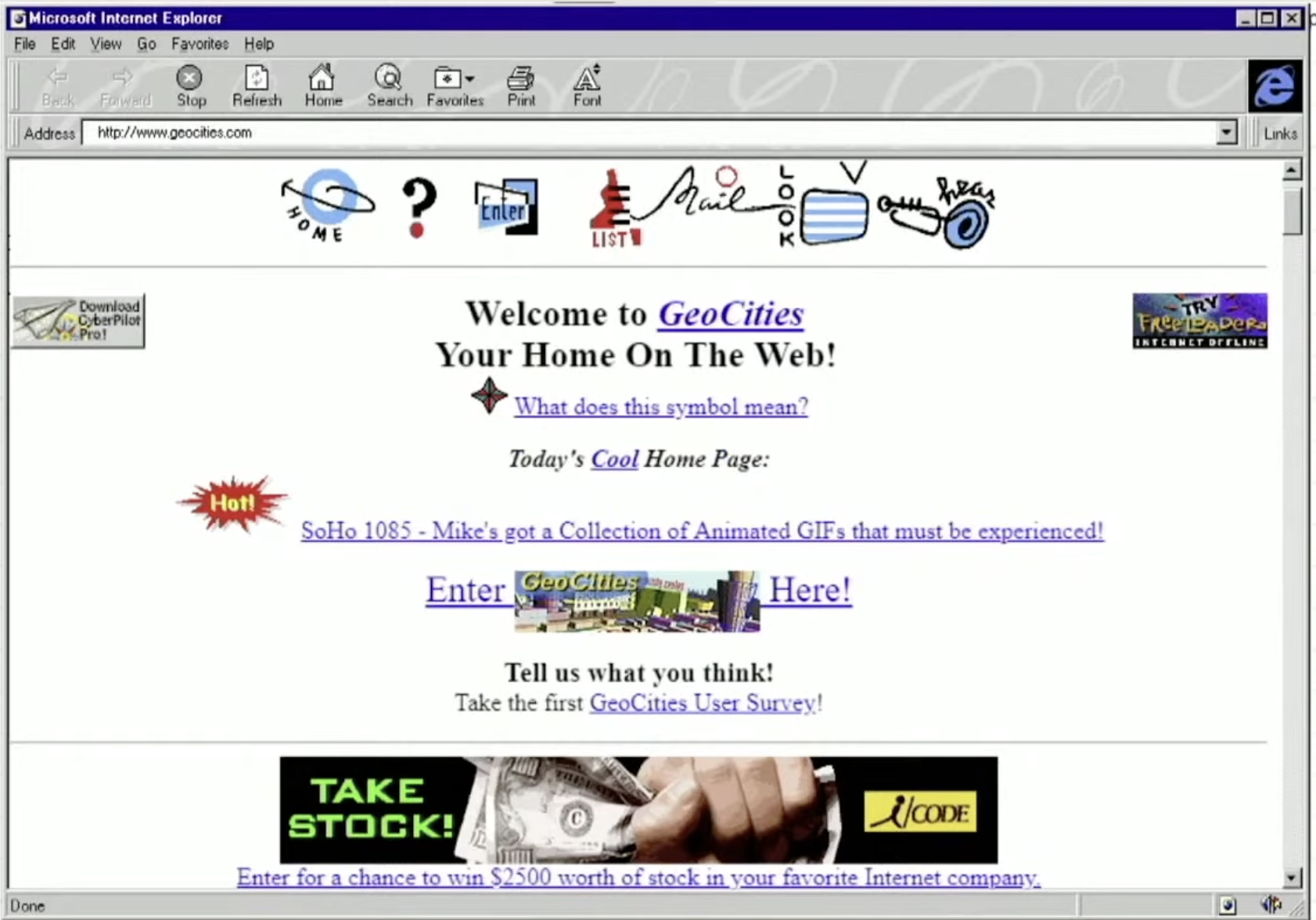 Example of a classic 1990s webpage with early web design, icons, links, and simple graphics